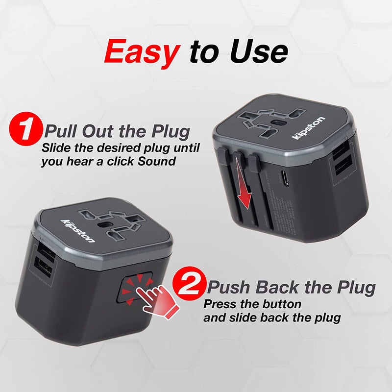 Kipston Universal Travel Adapter - With A 15W Type C Fast Charger, 2 USB Type A Ports, AC Power Outlet - International Plug Adapter Canada to Europe EU UK AUS, Canadian To European Travel Plug Adapter