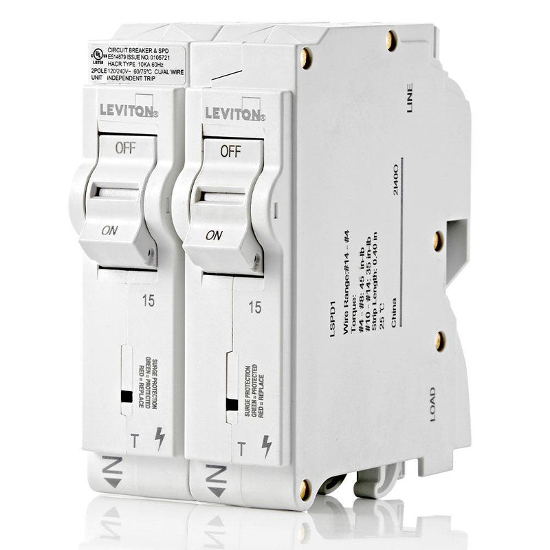 Leviton Surge Protective Device and (2) 1-Pole 15A Thermal Magnetic Circuit Breaker, LSPD1-T