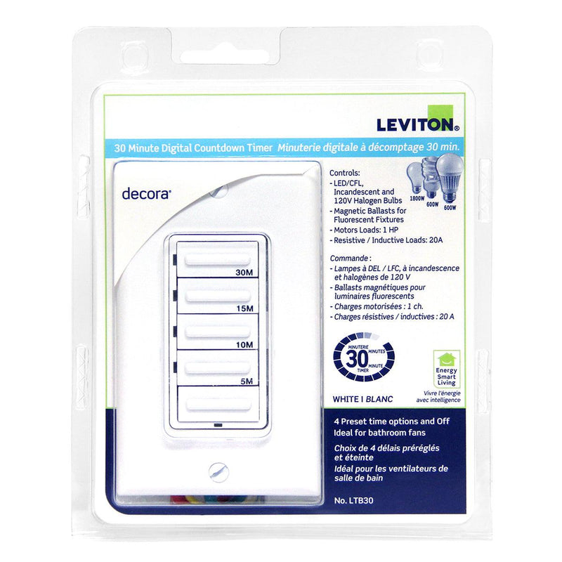 Leviton Decora 30 Minute Countdown Timer with Wallplate - White, Model LTB30W
