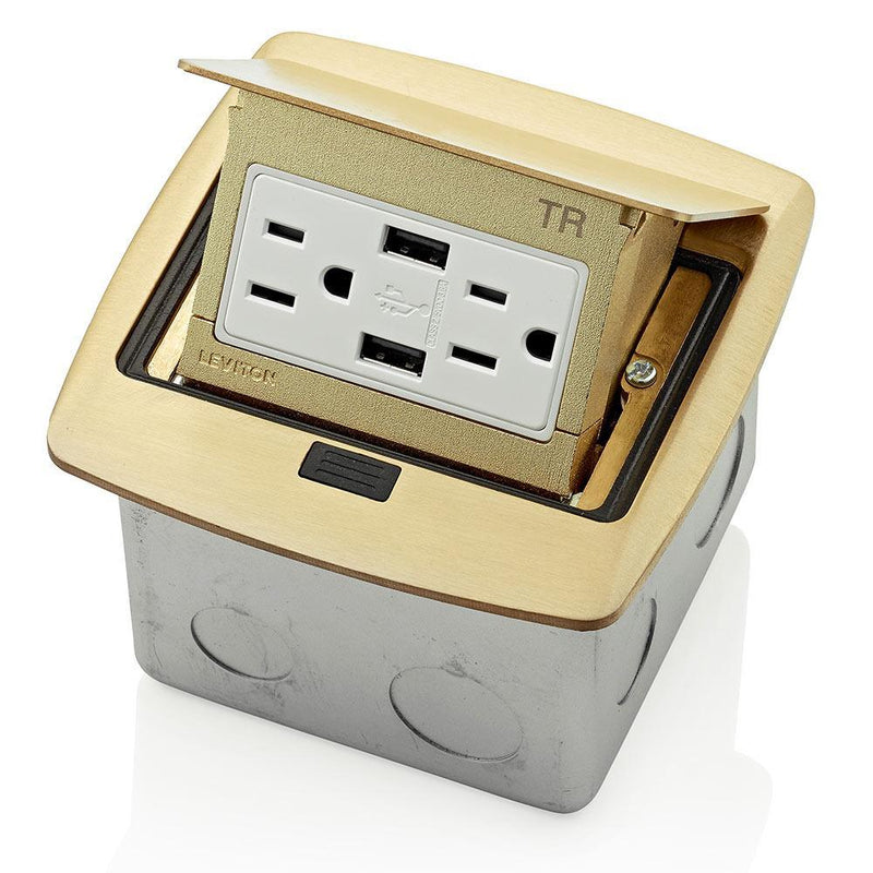 Leviton Pop-Up Floor Box Receptacle with Combo Dual Type A USB Charger & Outlet (Brass) Model PFUS1-001