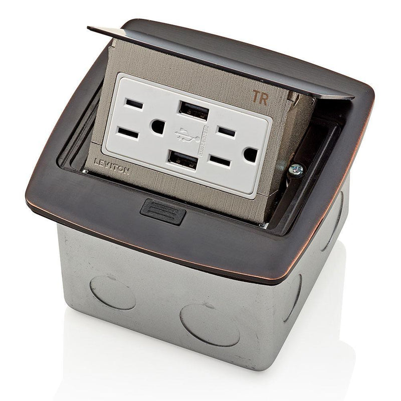 Leviton Pop-Up Floor Box Receptacle with Combo Dual Type A USB Charger & Outlet (Bronze) Model PFUS1-004