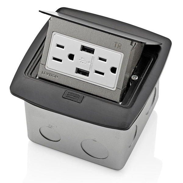 Leviton Pop-Up Floor Box Receptacle with Combo Dual Type A USB Charger & Outlet (Black) Model PFUS1MB