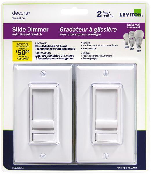 Leviton Universal Decora SureSlide Dimmer with Preset Switch (White - Pack of 2)