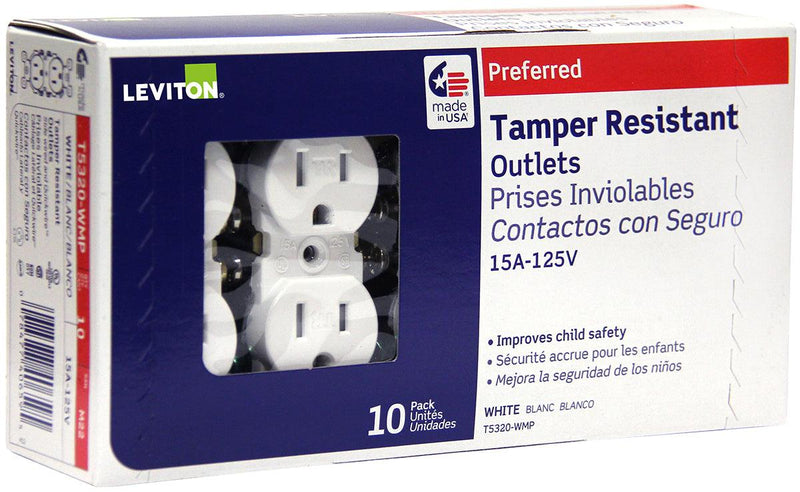 Leviton Tamper Resistant Duplex Receptacle - White (Pack of 10), Model T5320-WMP
