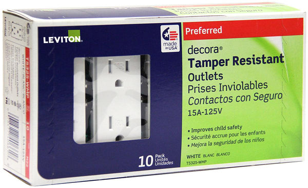 Leviton Decora Tamper Resistant Duplex Receptacle - White (Pack of 10), Model T5325-WMP