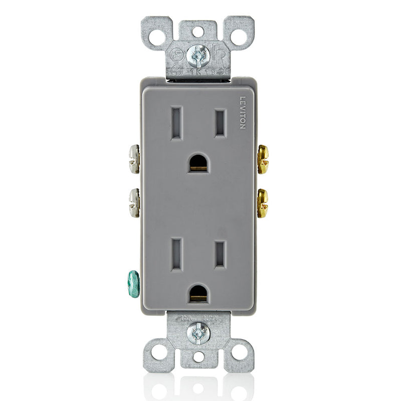 Leviton T5325-GY, 15 Amp 125 Volt, Tamper Resistant, Decora Duplex Receptacle, Straight Blade, Grounding, Grey