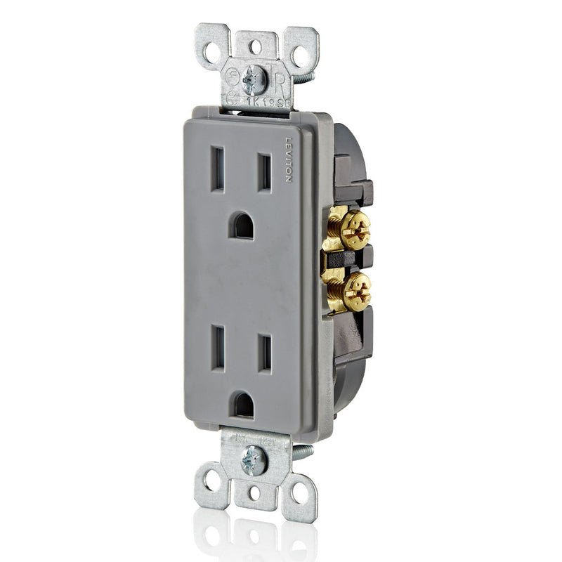 Leviton T5325-GY, 15 Amp 125 Volt, Tamper Resistant, Decora Duplex Receptacle, Straight Blade, Grounding, Grey