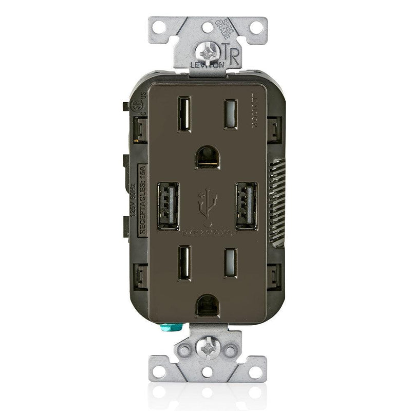 Leviton Type-A Dual USB Charger with 15A Tamper-Resistant Receptacle (Brown) Model T5632