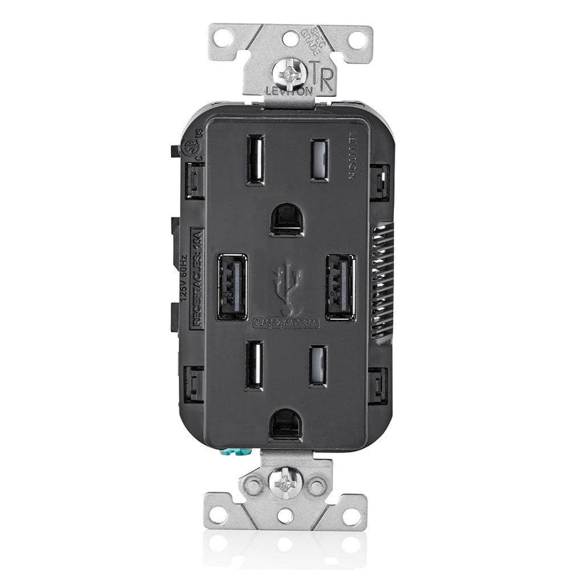 Leviton Type-A Dual USB Charger with 15A Tamper-Resistant Receptacle (Black) Model T5632