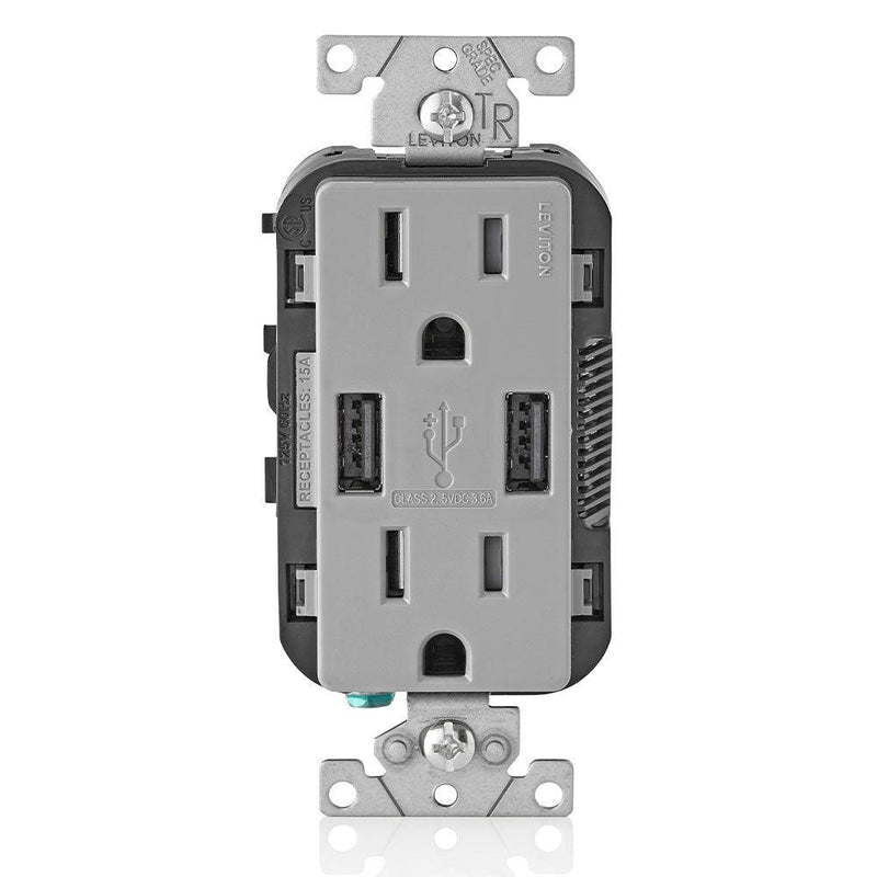 Leviton Type-A Dual USB Charger with 15A Tamper-Resistant Receptacle (Grey) Model T5632