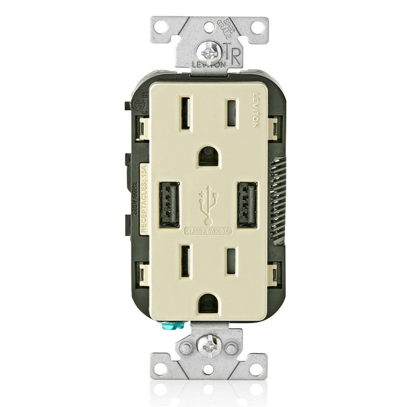 Leviton Type-A Dual USB Charger with 15A Tamper-Resistant Receptacle (Ivory) Model T5632*
