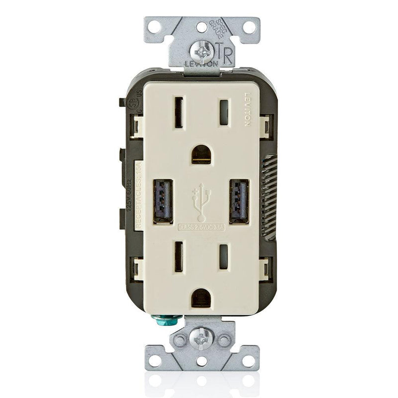 Leviton Type-A Dual USB Charger with 15A Tamper-Resistant Receptacle (Light Almond) Model T5632*