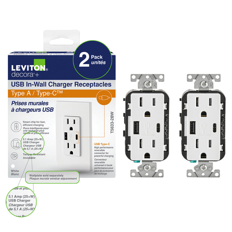 Leviton Type-A & Type-C USB Charger with 15A Tamper-Resistant Receptacle (White), Pack of 2, Model T5633-2BW