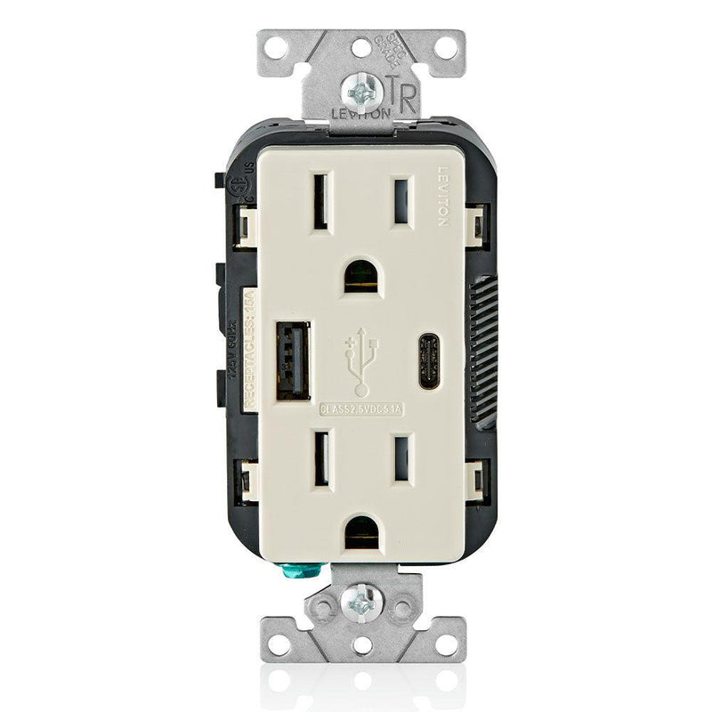 Leviton Type-A & Type-C USB Charger with 15A Tamper-Resistant Receptacle (Light Almond) Model T5633*