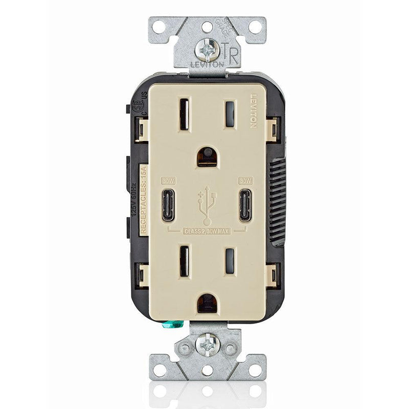 Leviton Type-C Dual USB Charger with 15A Tamper-Resistant Receptacle (Ivory) Model T5635*