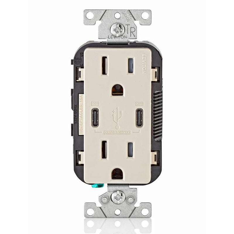 Leviton Type-C Dual USB Charger with 15A Tamper-Resistant Receptacle (Light Almond) Model T5635*