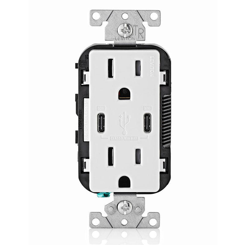 Leviton Type-C Dual USB Charger with 15A Tamper-Resistant Receptacle (White) Model T5635