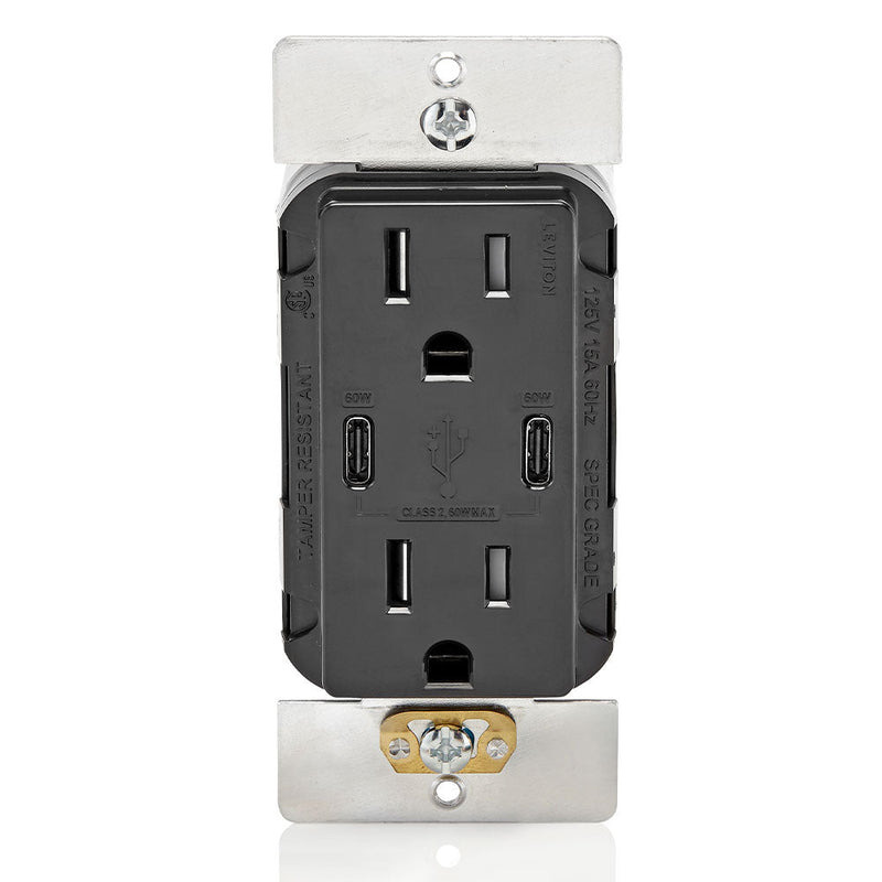 Leviton Dual USB Type C/C Wall Outlet Charger with 15A Tamper-Resistant Outlet in Black, Model T5636-E*