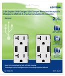 Leviton Package of 2 Dual USB Type A Charger with 20A Tamper-Resistant Receptacle, White, Model T5832-754