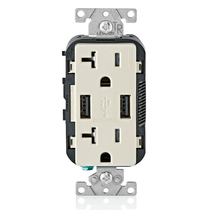 Leviton Type-A Dual USB Charger with 20A Tamper-Resistant Receptacle (Light Almond) Model T5832*