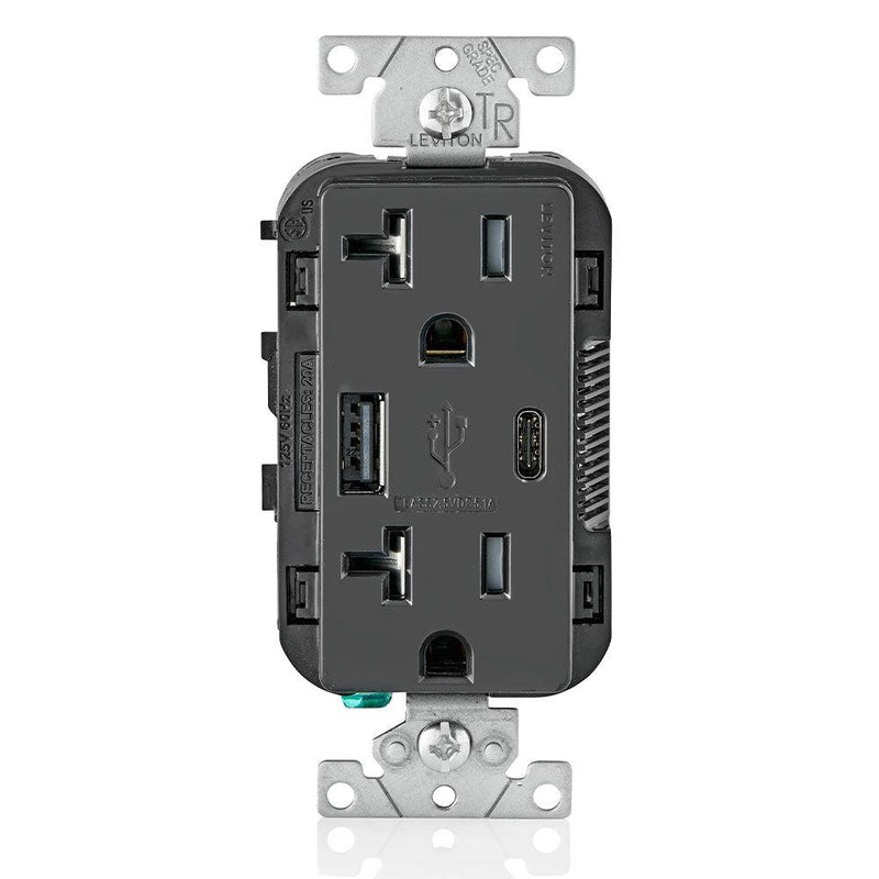 Leviton Type-A & Type-C USB Charger with 20A Tamper-Resistant Receptacle (Black) Model T5833
