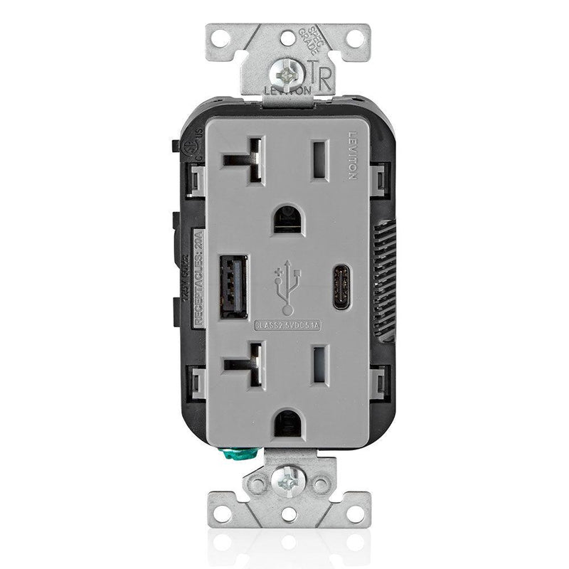 Leviton Type-A & Type-C USB Charger with 20A Tamper-Resistant Receptacle (Grey) Model T5833