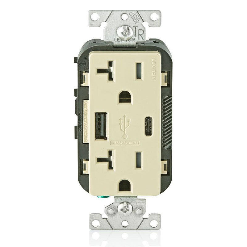 Leviton Type-A & Type-C USB Charger with 20A Tamper-Resistant Receptacle (Ivory) Model T5833*