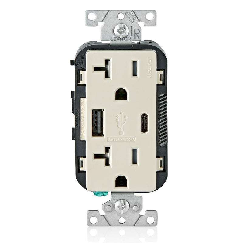 Leviton Type-A & Type-C USB Charger with 20A Tamper-Resistant Receptacle (Light Almond) Model T5833*