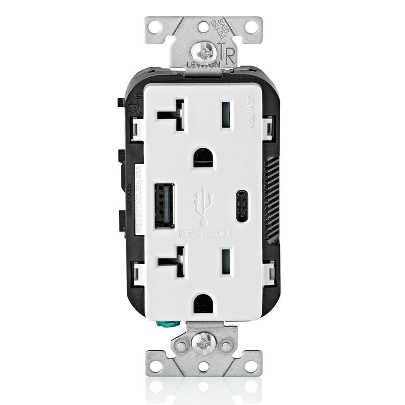 Leviton Type-A & Type-C USB Charger with 20A Tamper-Resistant Receptacle (White) Model T5833