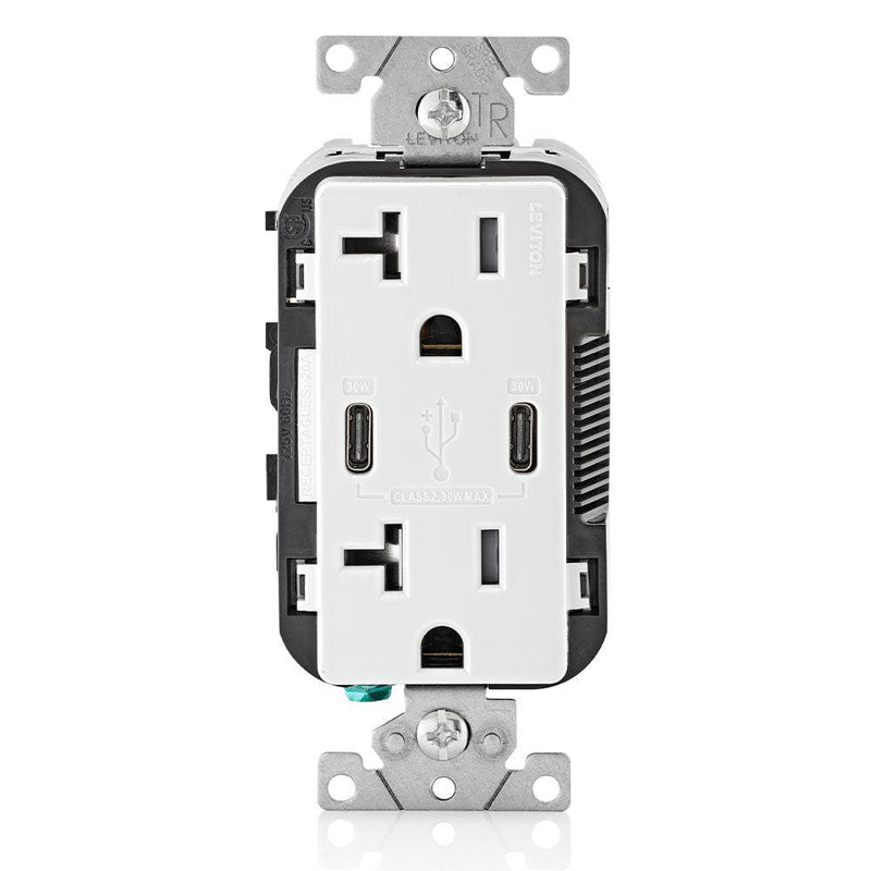 Leviton Dual Type-C USB Charger with 20A Tamper-Resistant Receptacle, White, Model T5835-W