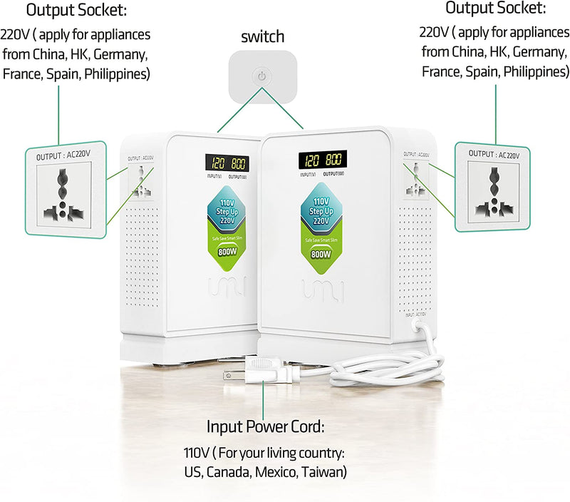 110 to 220 Voltage Converter Step UP only 800W for Euro and Asia Appliance with 220-240V Rated to be Used in US