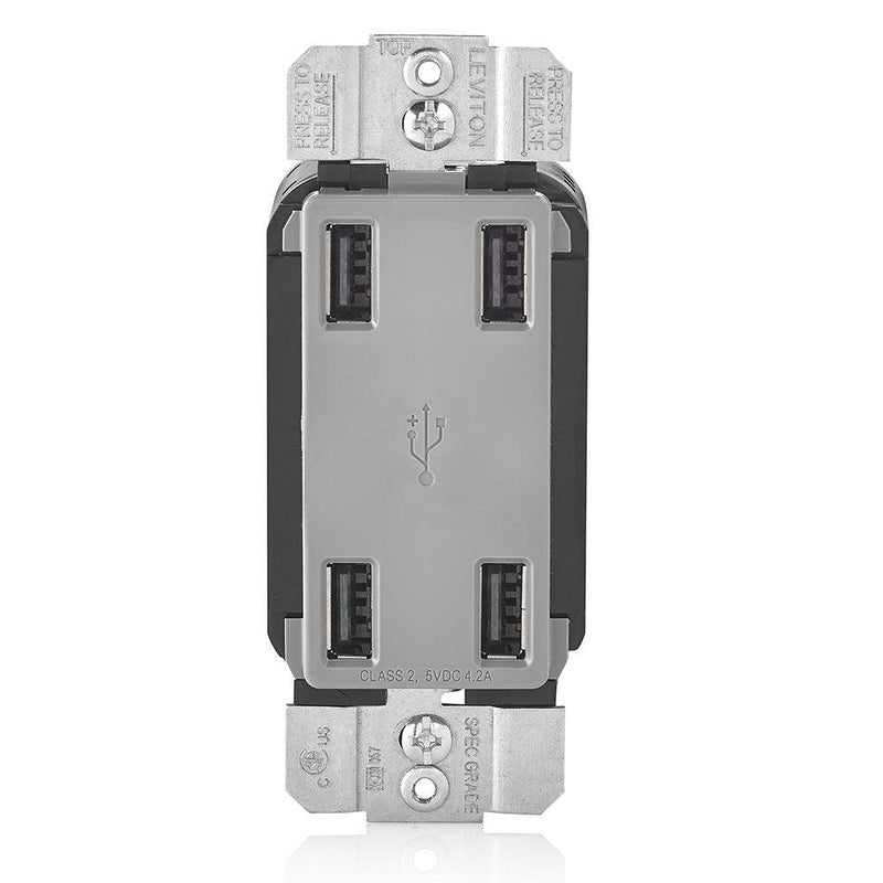Leviton 4-Port Type-A USB Wall Outlet Charger (Grey), Model USB4P-G*