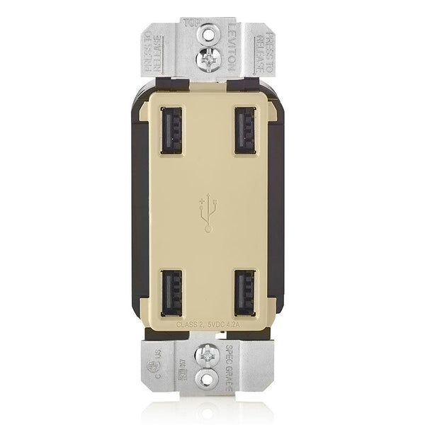 Leviton 4-Port Type-A USB Wall Outlet Charger (Ivory), Model USB4P-I*