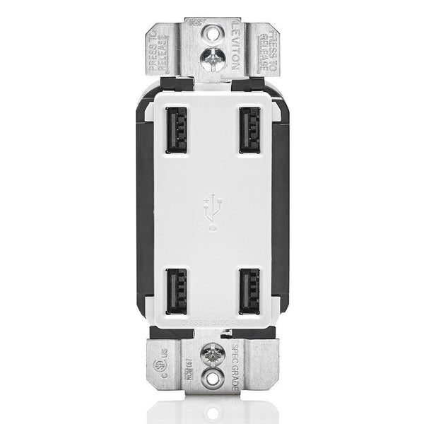 Leviton 4-Port Type-A USB Wall Outlet Charger (White), Model USB4P-W